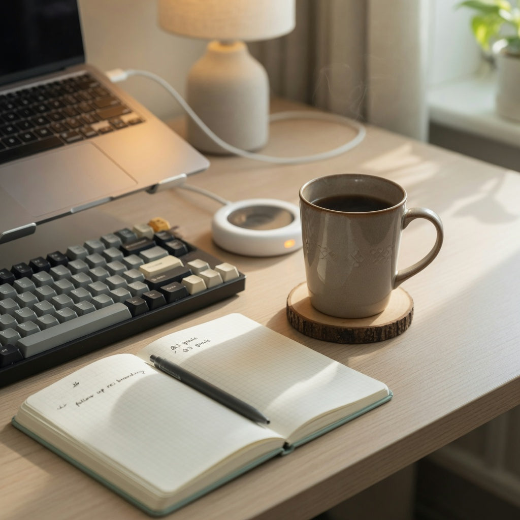 Tall ceramic coffee mug placed safely away from a laptop keyboard on a home office desk, an example of the best coffee mug for home office desk placement