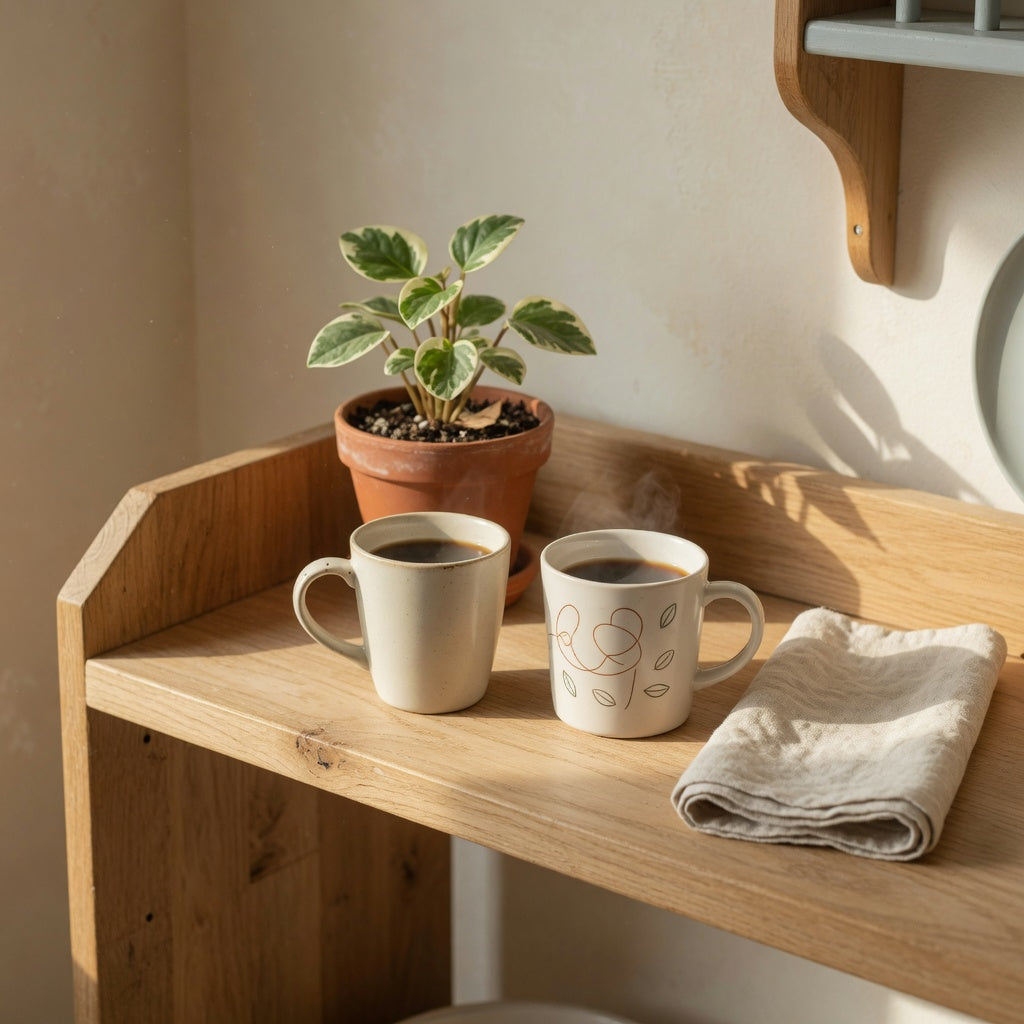 Open kitchen shelf styled with the best coffee mugs for home decor beside a small plant and a linen napkin