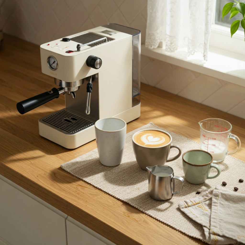 Comparing the best flat white cups for home beside a compact espresso machine on a kitchen counter