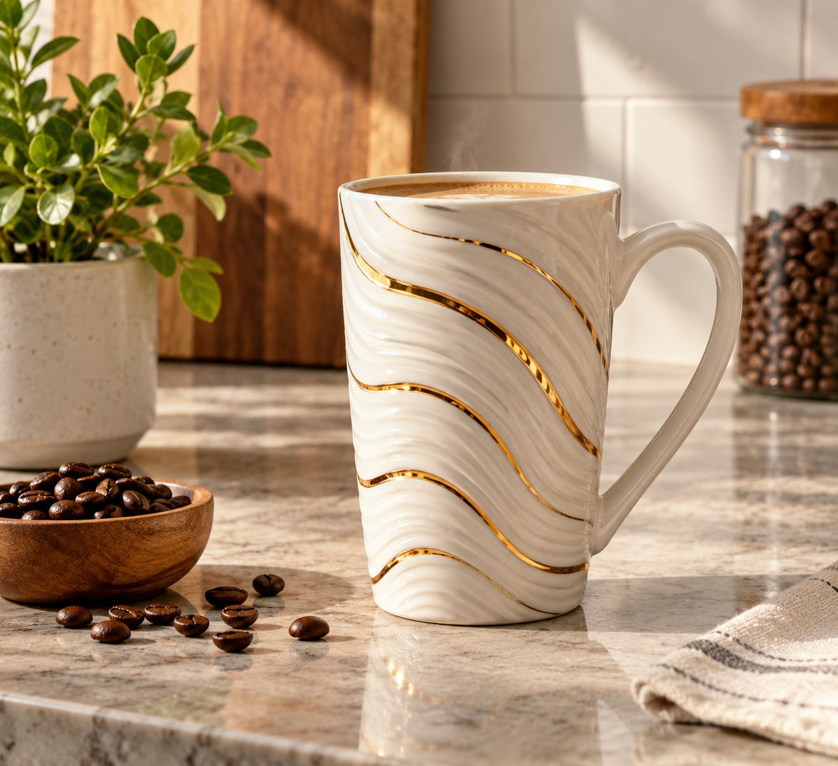 best gift tall mug white golden waves for home decor