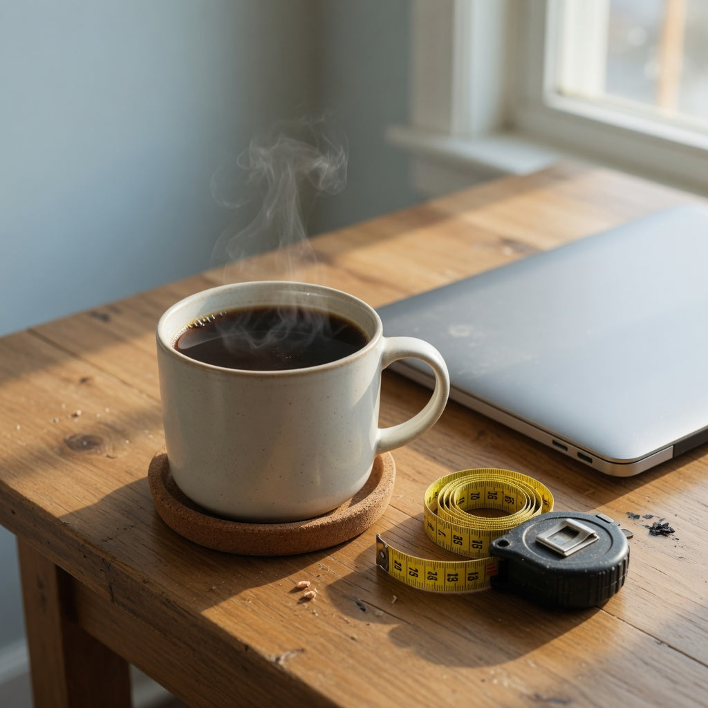 Best large ceramic mug for office desk coffee on a wooden desk beside a laptop