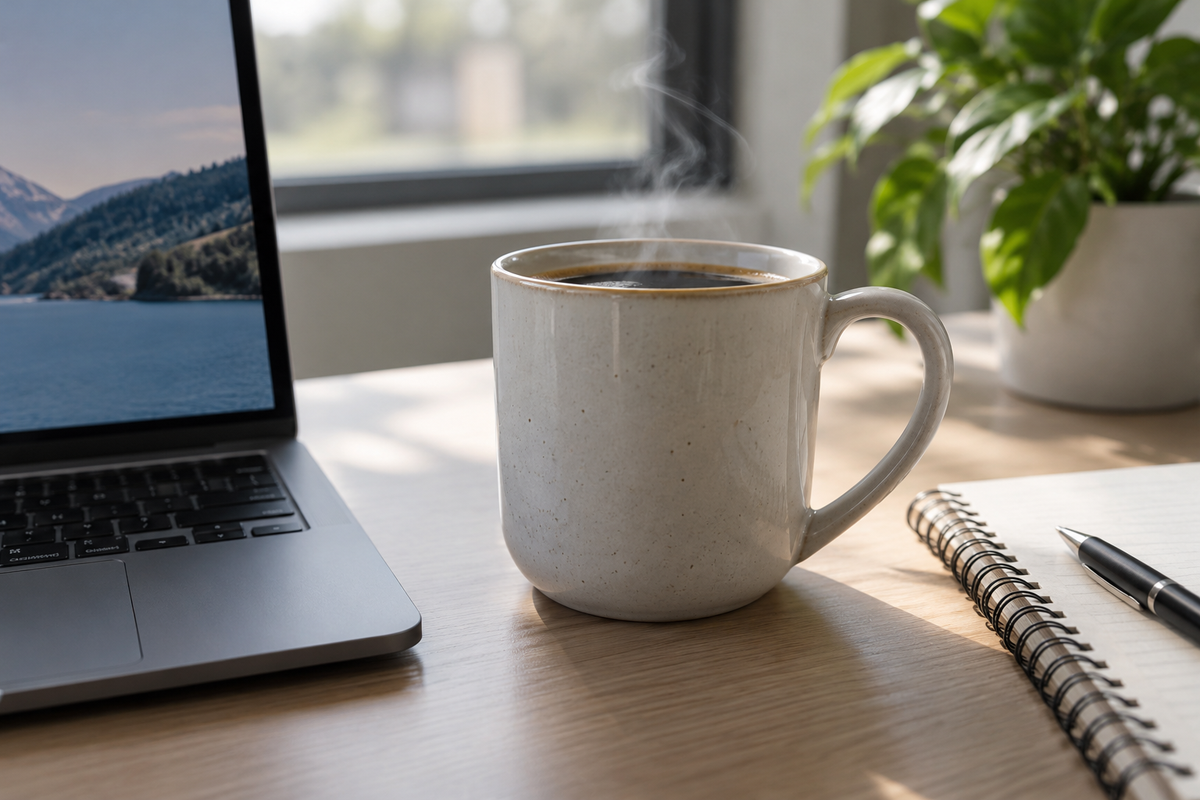 best large coffee mug for office on a desk with coffee