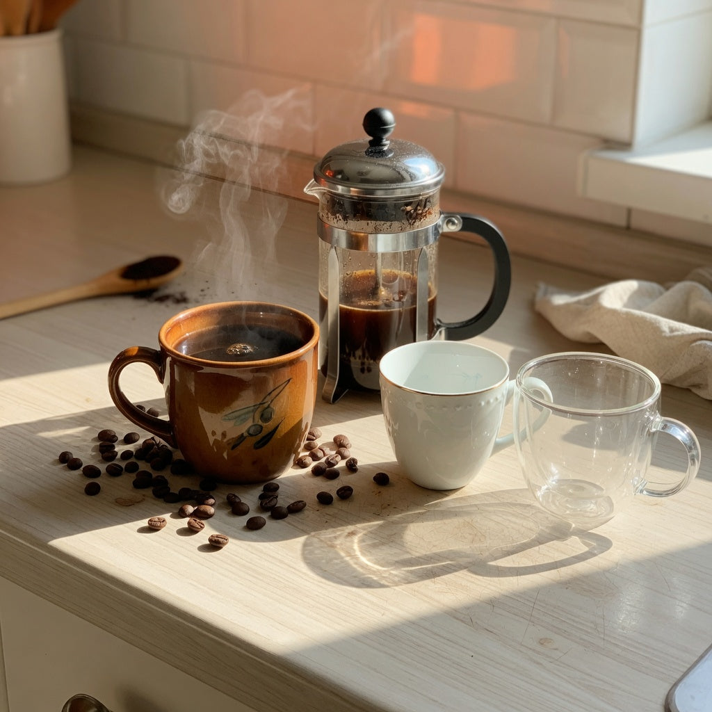 Steaming ceramic mug of morning coffee on a kitchen counter beside a French press — comparing the best mug for morning coffee by material and size