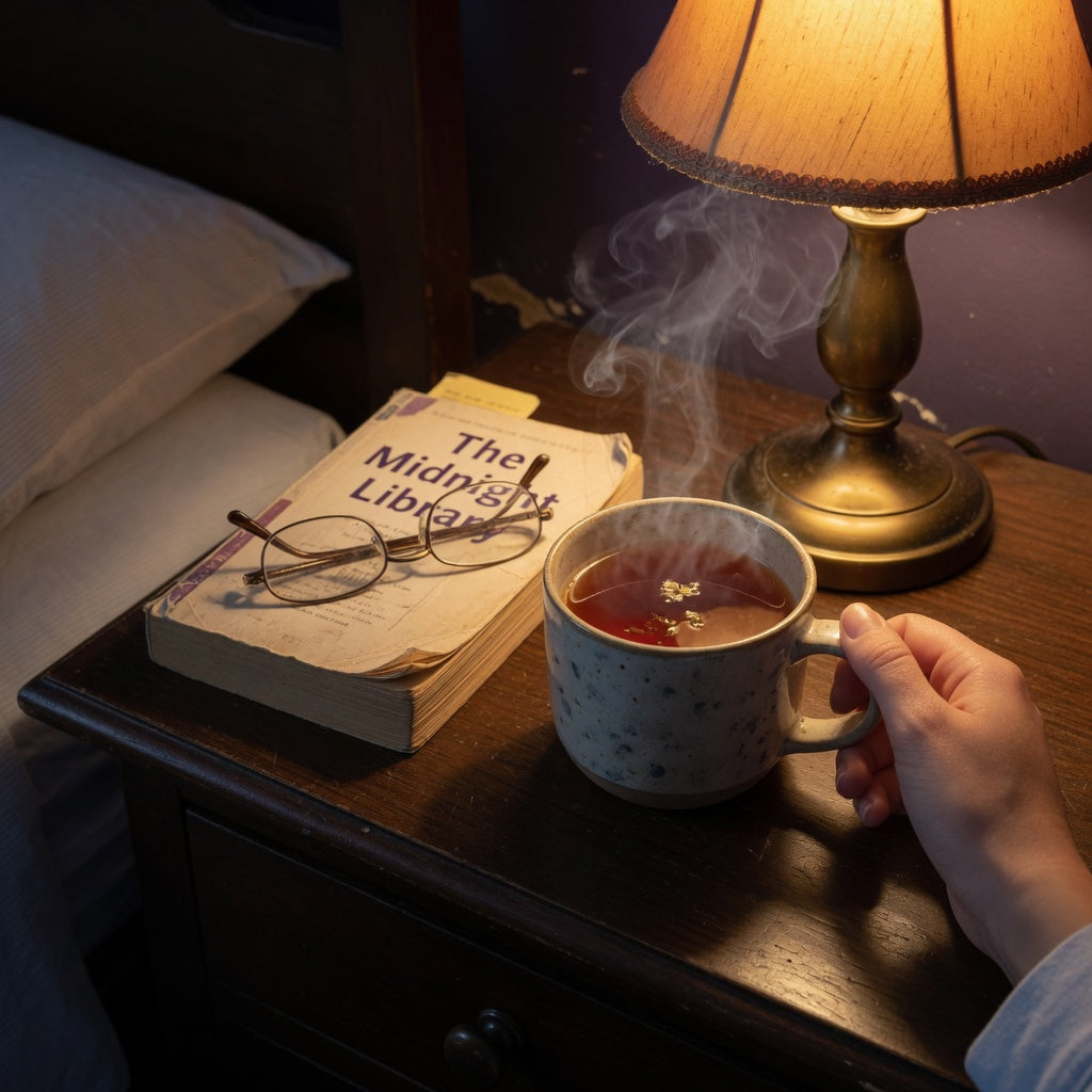 Hand resting on the best mug for night tea on a wooden nightstand beside a book under a warm bedside lamp.