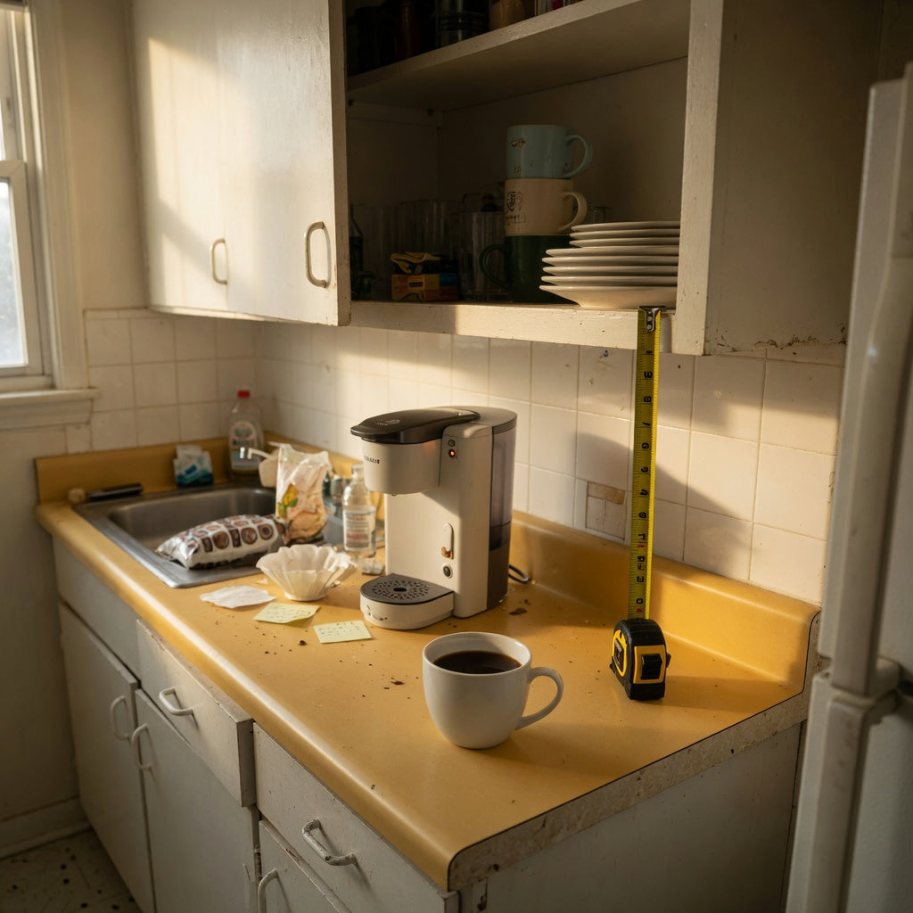 Round mug on a narrow apartment counter beside a compact brewer, showing the best mug size for apartment coffee