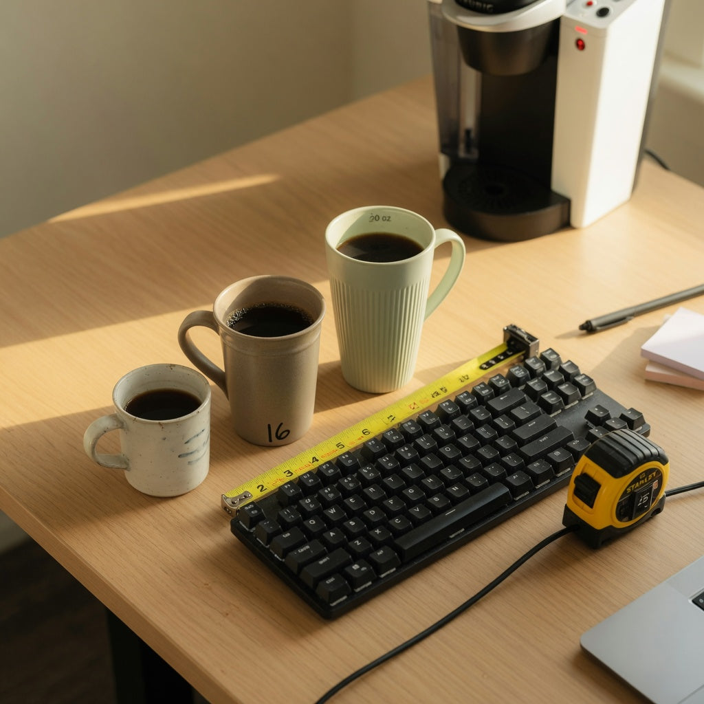 Three ceramic desk mugs in 12, 16 and 20 oz sizes beside a keyboard, illustrating the best mug size for home office desk setups