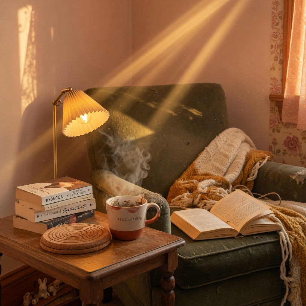 Steaming round ceramic mug on a wooden side table beside an open book in a cozy reading nook — an example of the best mugs for a reading nook