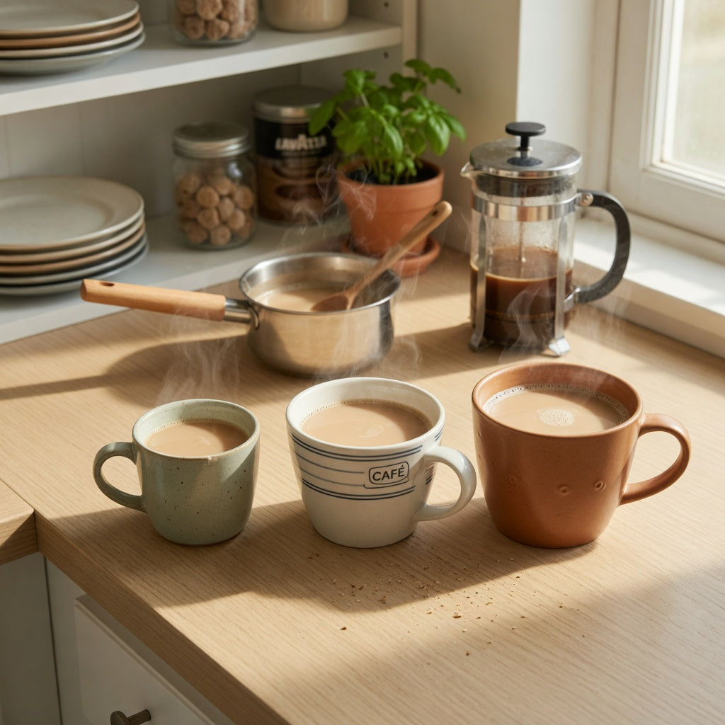Three coffee mugs of increasing size filled with milky coffee on a kitchen counter — a capacity comparison of the best mugs for cafe au lait at home