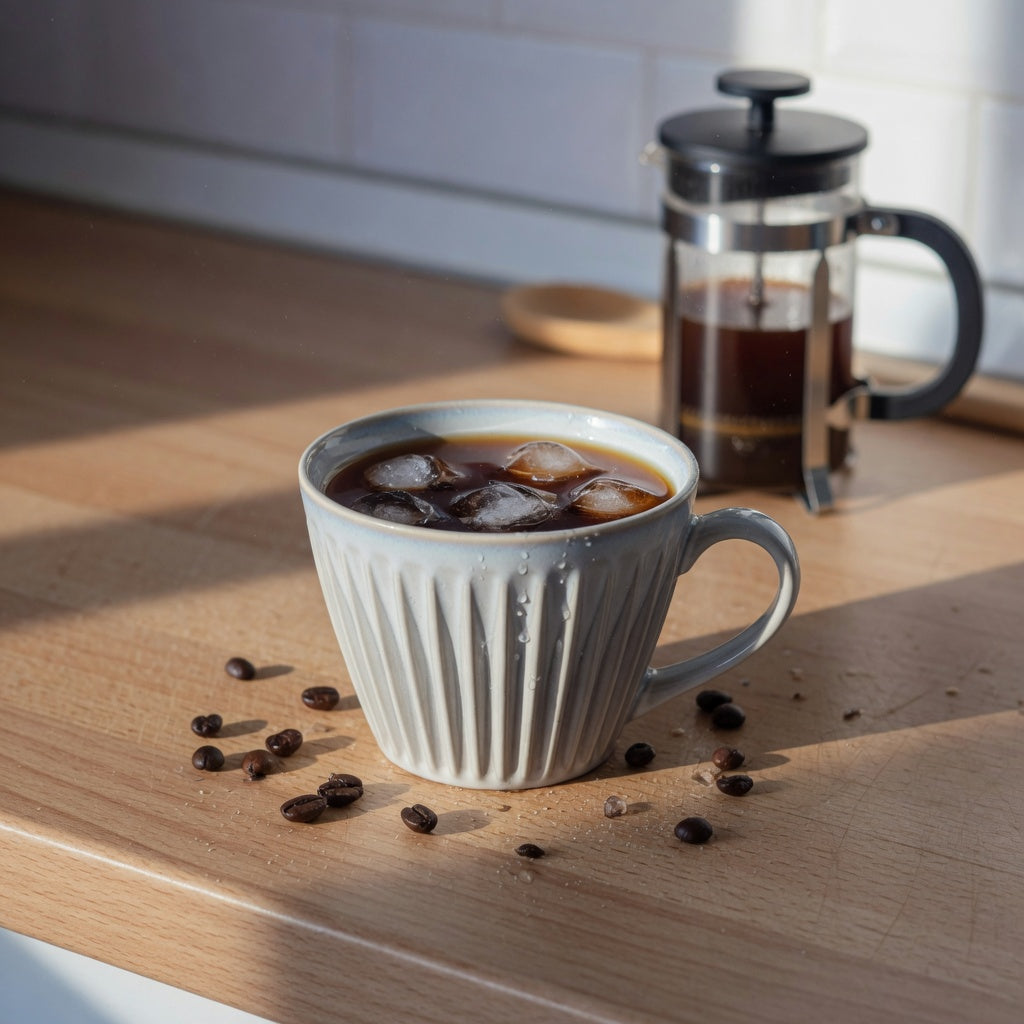 best pleated coffee cups for home - pleated ceramic 200ml mug filled with iced coffee on kitchen counter