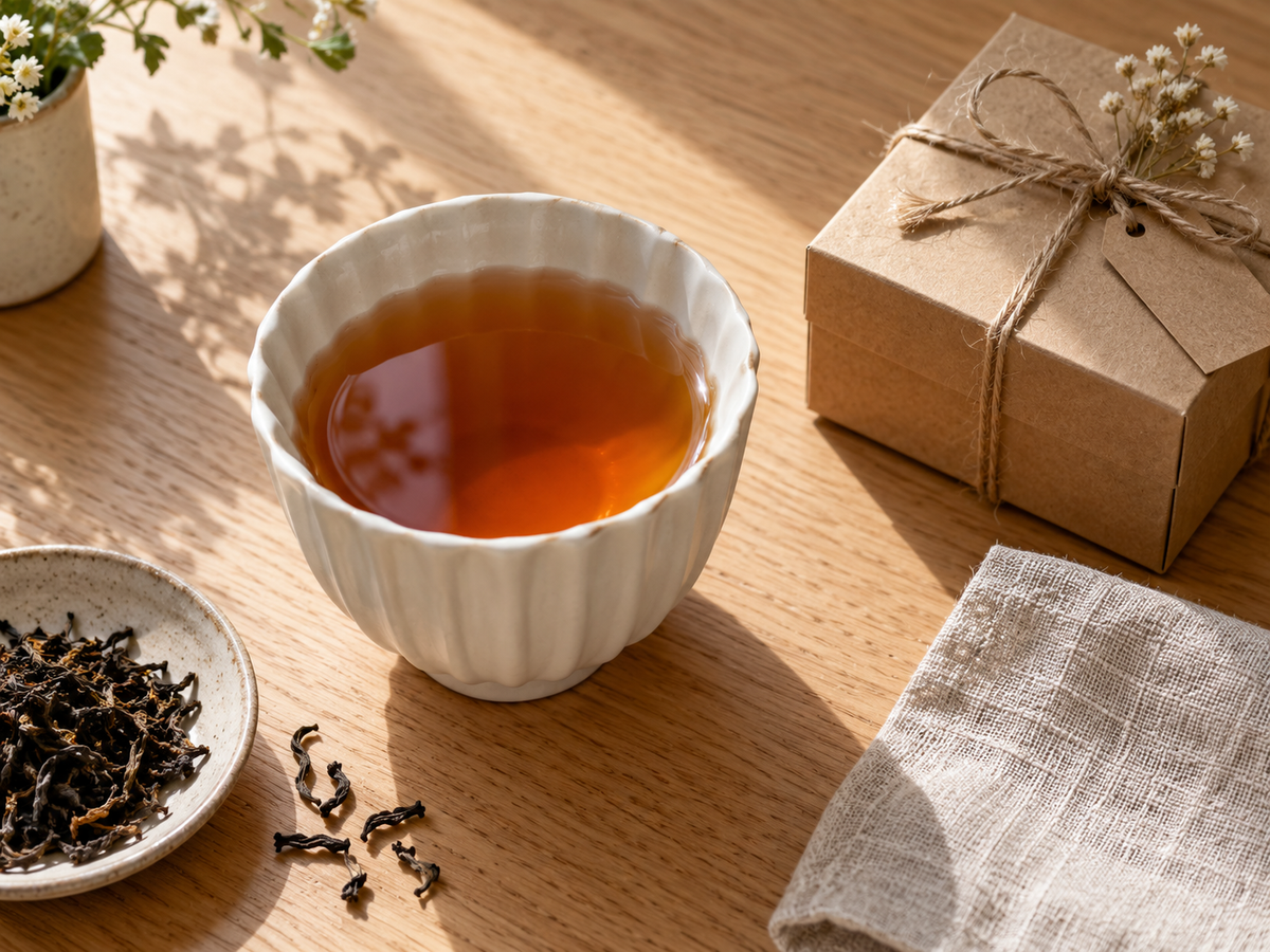 Pleated ceramic tea cup with vertical ridges beside a wrapped gift box, one of the best pleated tea cups for gifts