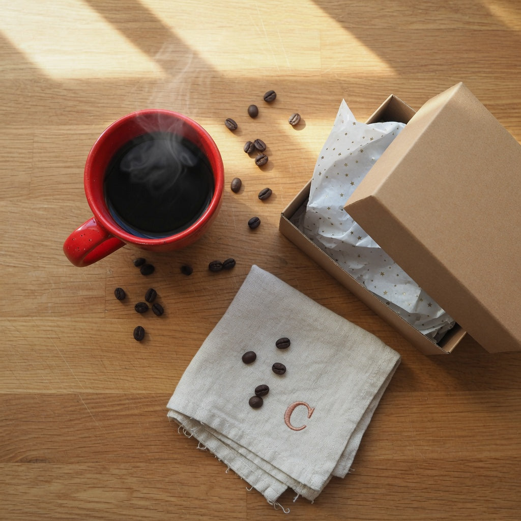 Glossy red ceramic coffee mug beside a kraft gift box and scattered coffee beans — the best red mug for coffee gifts