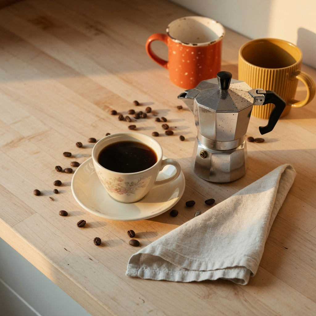 Cream retro-style ceramic coffee cup with a curved handle on a sunlit kitchen counter β one of the best retro coffee cups for everyday use, shown beside a stovetop moka pot