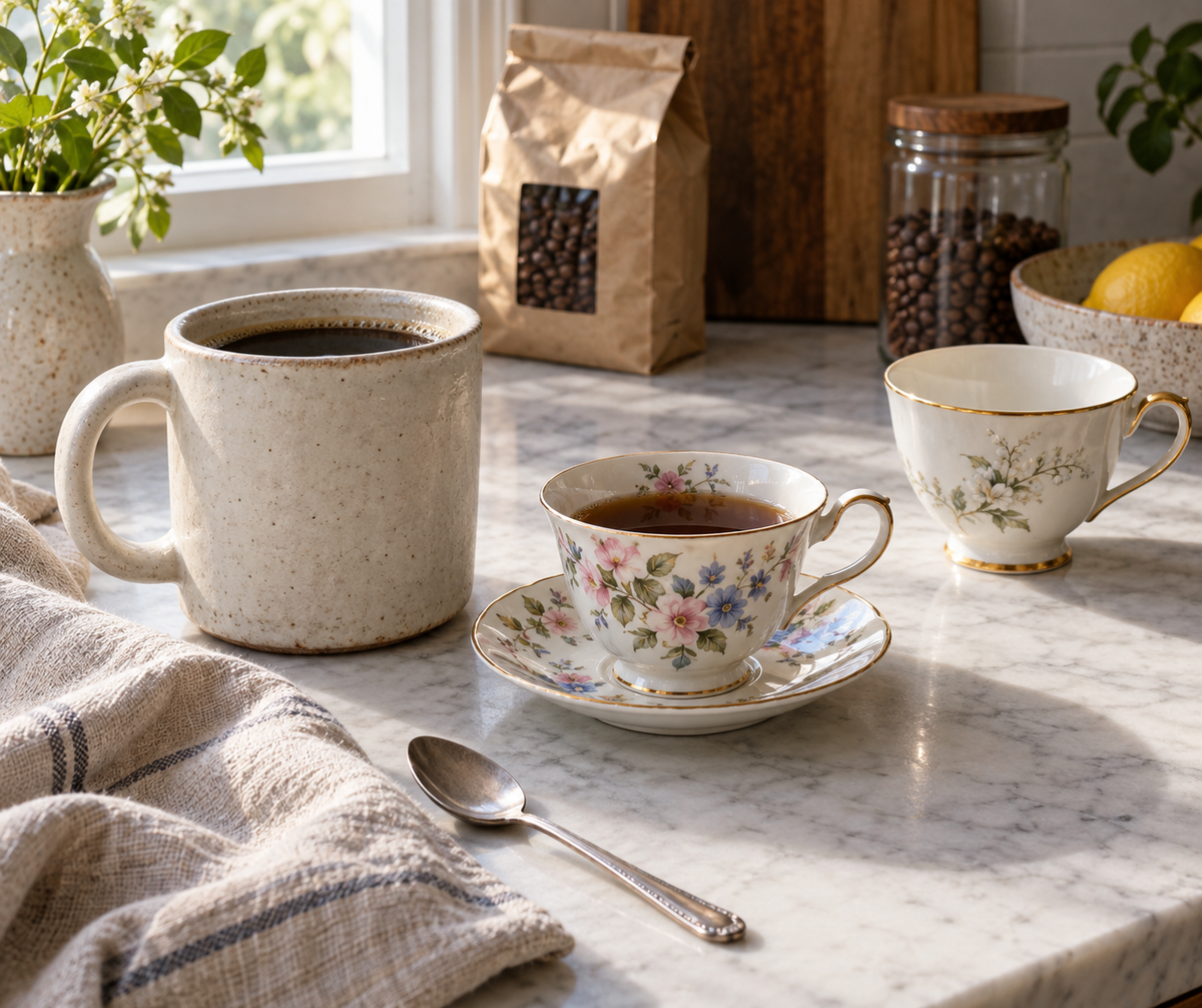 best retro coffee mugs tea cups gift guide scene with a diner mug, a floral tea cup and saucer, and a gold-rimmed cup set aside on a kitchen counter
