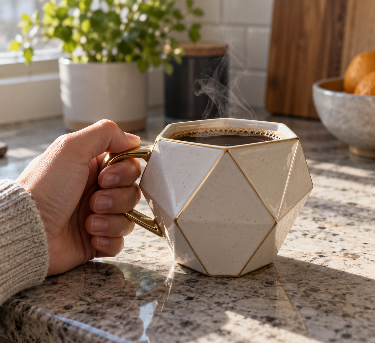 Best rhombus mug for coffee lovers in hand showing grip and design