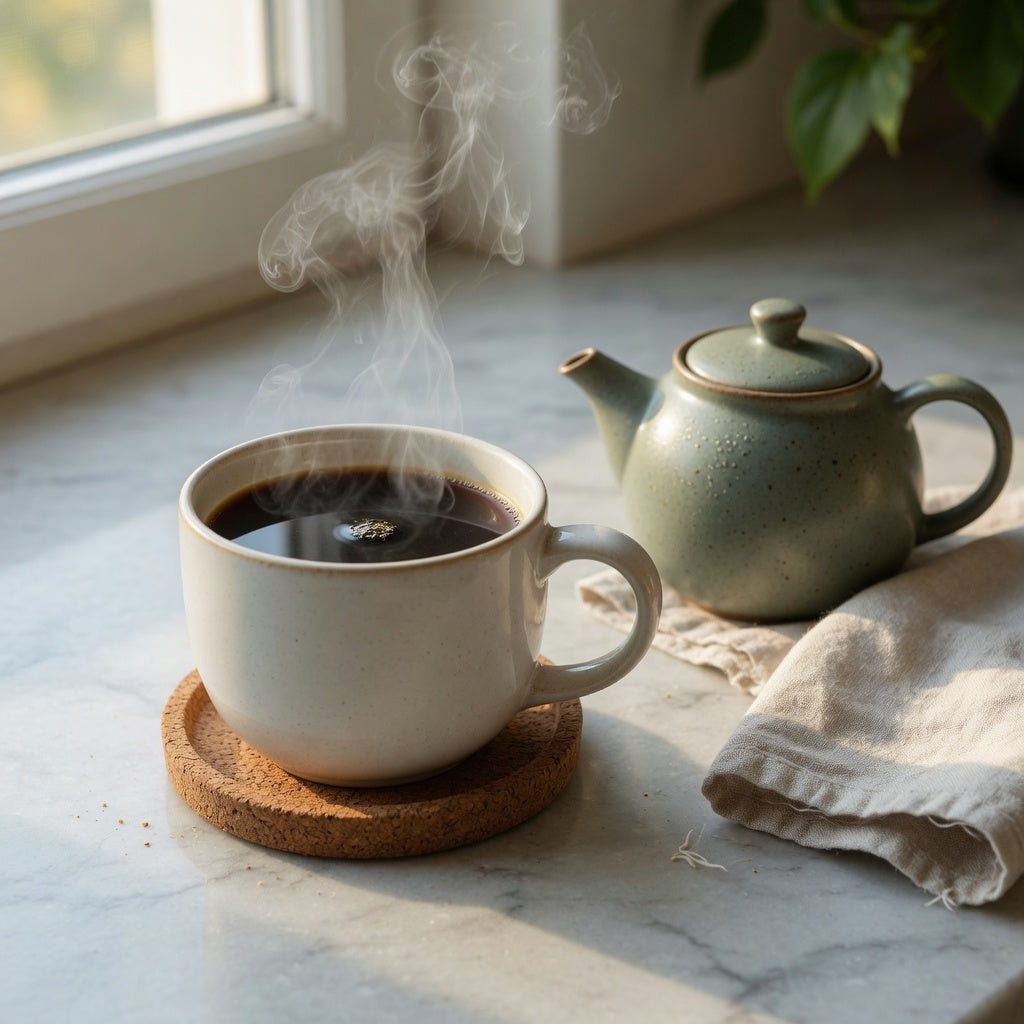 Best round ceramic mug for coffee and tea filled with black coffee on a kitchen counter beside a teapot