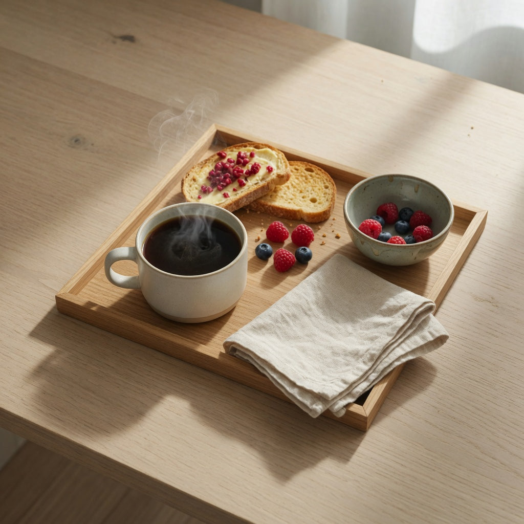 Breakfast tray showing the best round ceramic mug for coffee breakfast beside toast, berries, and a linen napkin