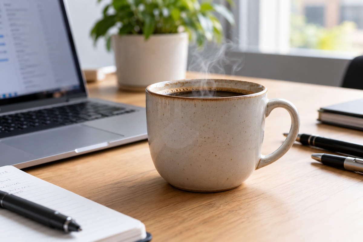 best round coffee mug for office on a desk with coffee