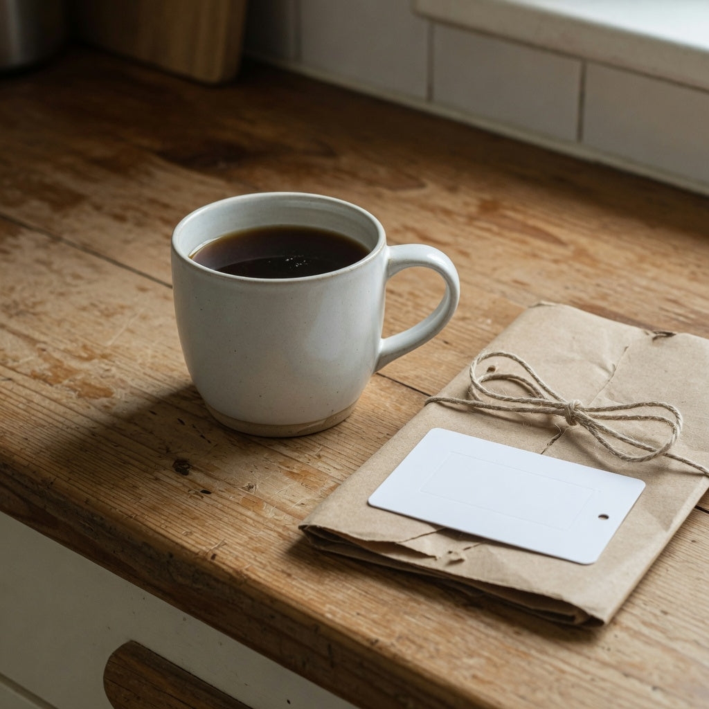 Round ceramic coffee mug with kraft wrap on a kitchen counter, a practical look at the best round mug for coffee gifts
