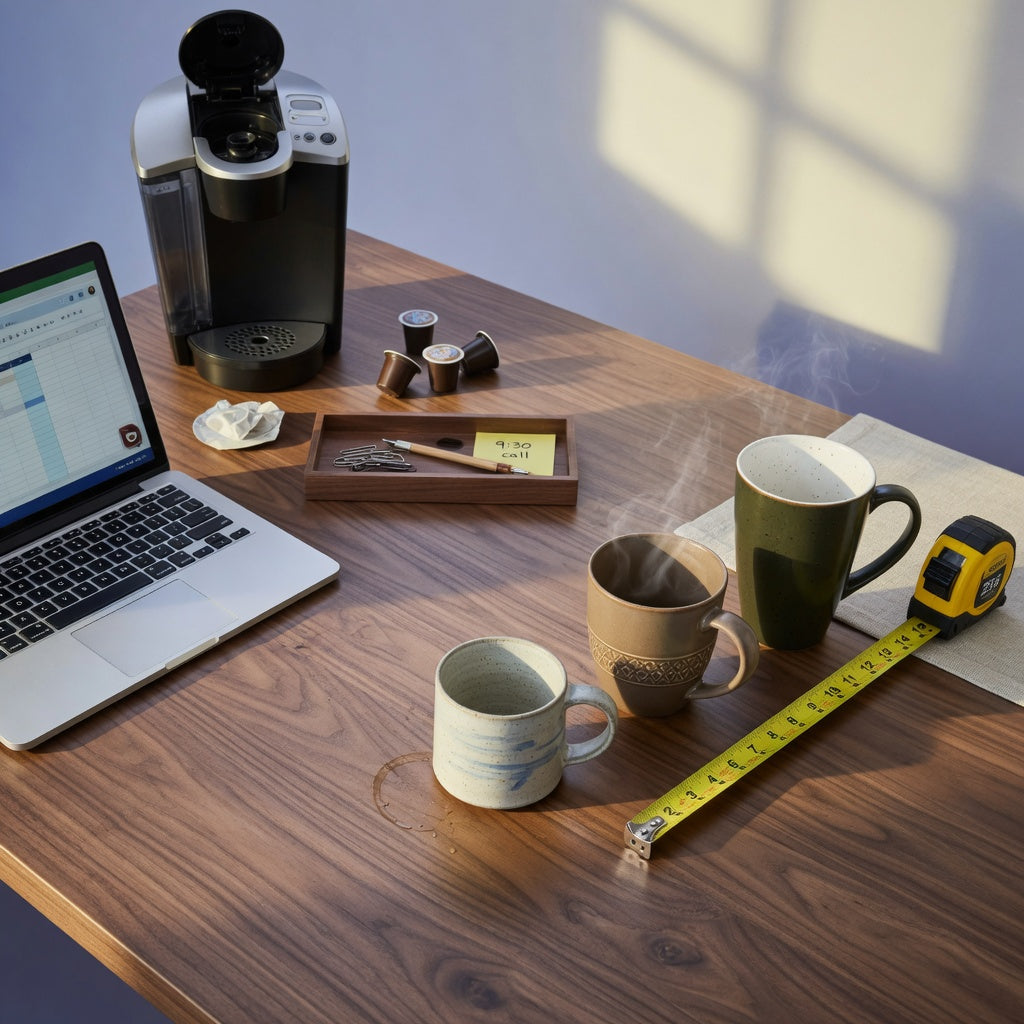 Three ceramic mug sizes compared on an office desk, illustrating the best size ceramic mug for desk coffee
