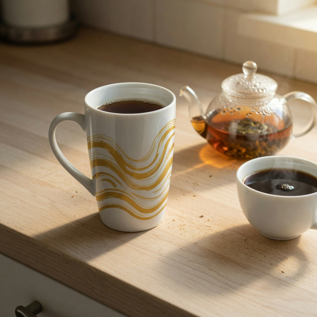 Tall white mug with golden waves beside poured coffee and a small teapot, showing the best tall mug with golden waves for coffee and tea