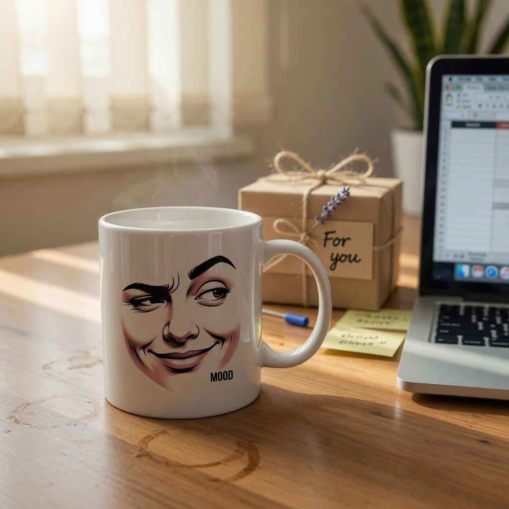 Best The Rock mug for gifts: 480 ml ceramic coffee mug on an office desk beside a wrapped gift box