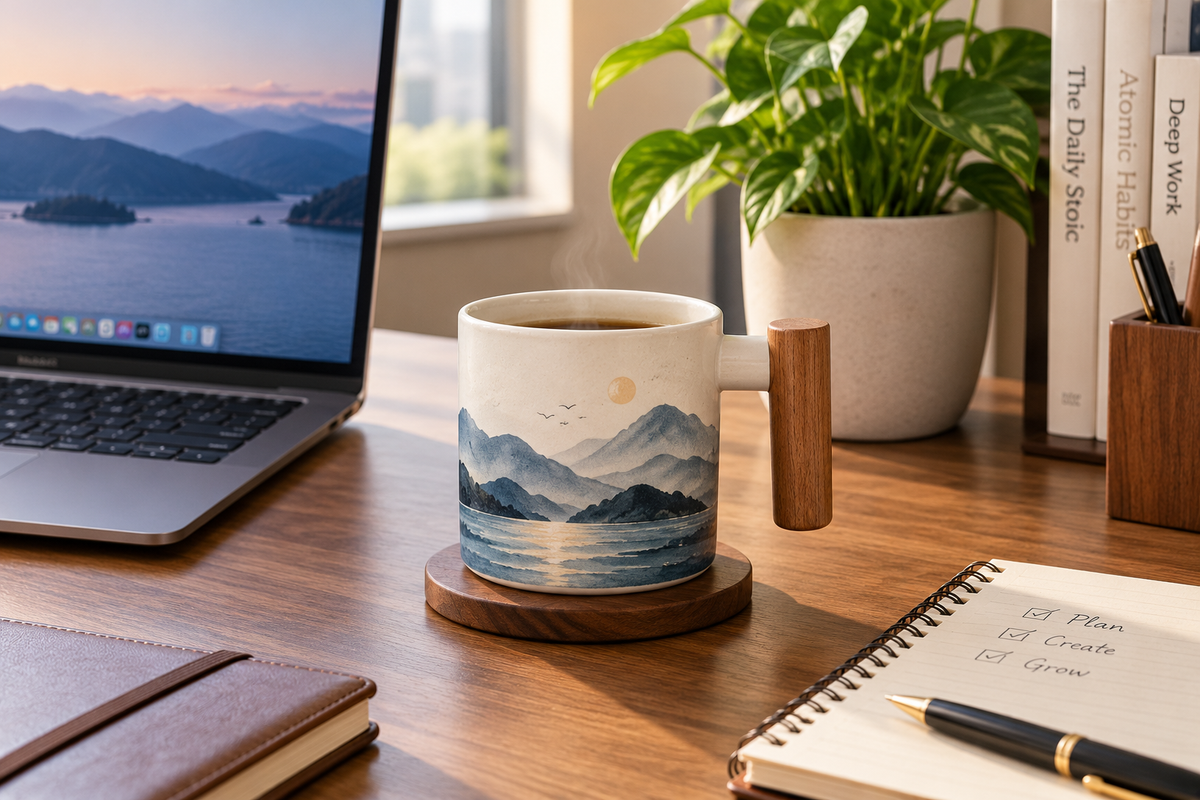 best wooden handle tea mug for office on a modern desk