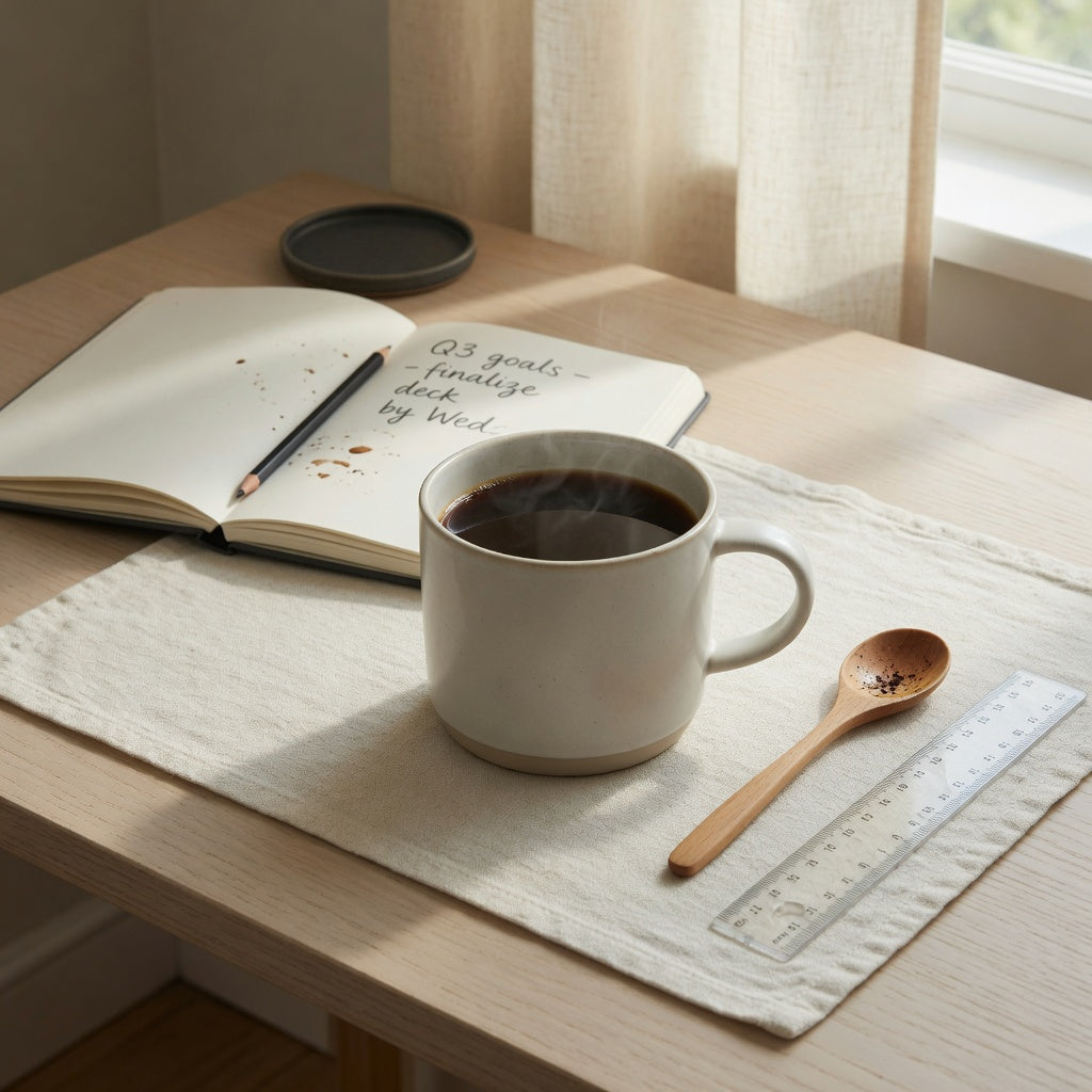 Big Coffee Mug The Rock 480 ceramic mug on a tidy office desk beside a notebook and coffee