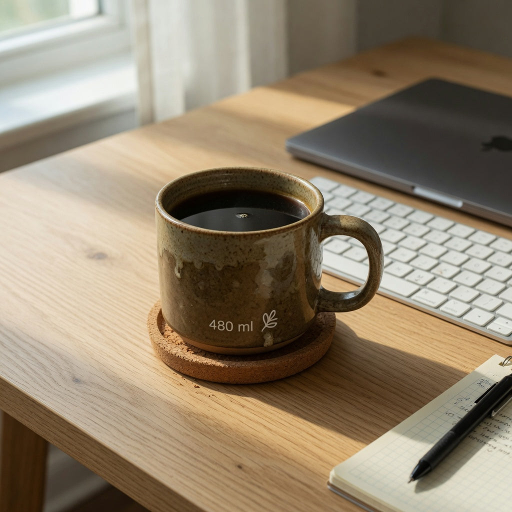 Big desk mug for office use — a 480 ml ceramic coffee mug on a coaster beside a keyboard on a work desk