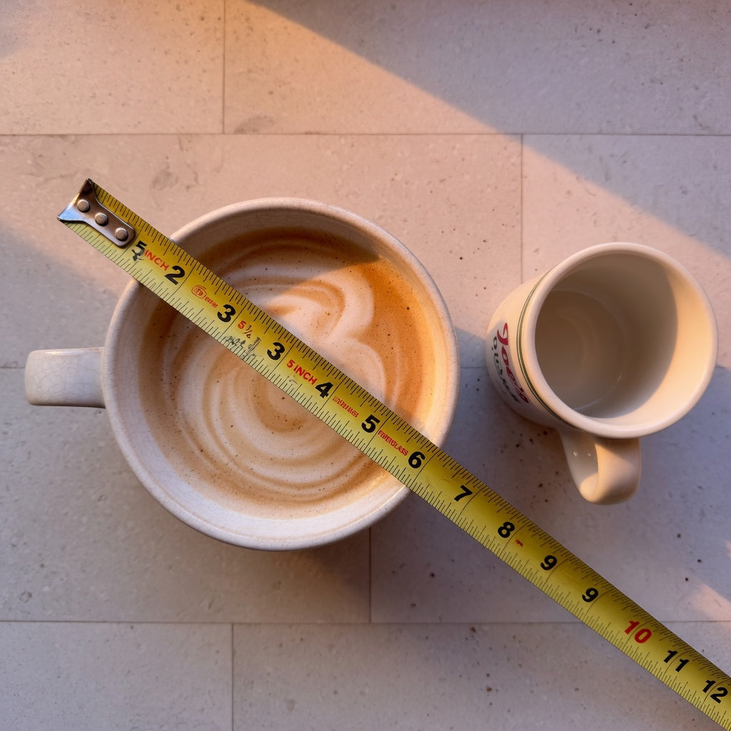 Big wide mug with latte beside a standard 12 oz mug and a measuring tape showing rim width on a kitchen counter