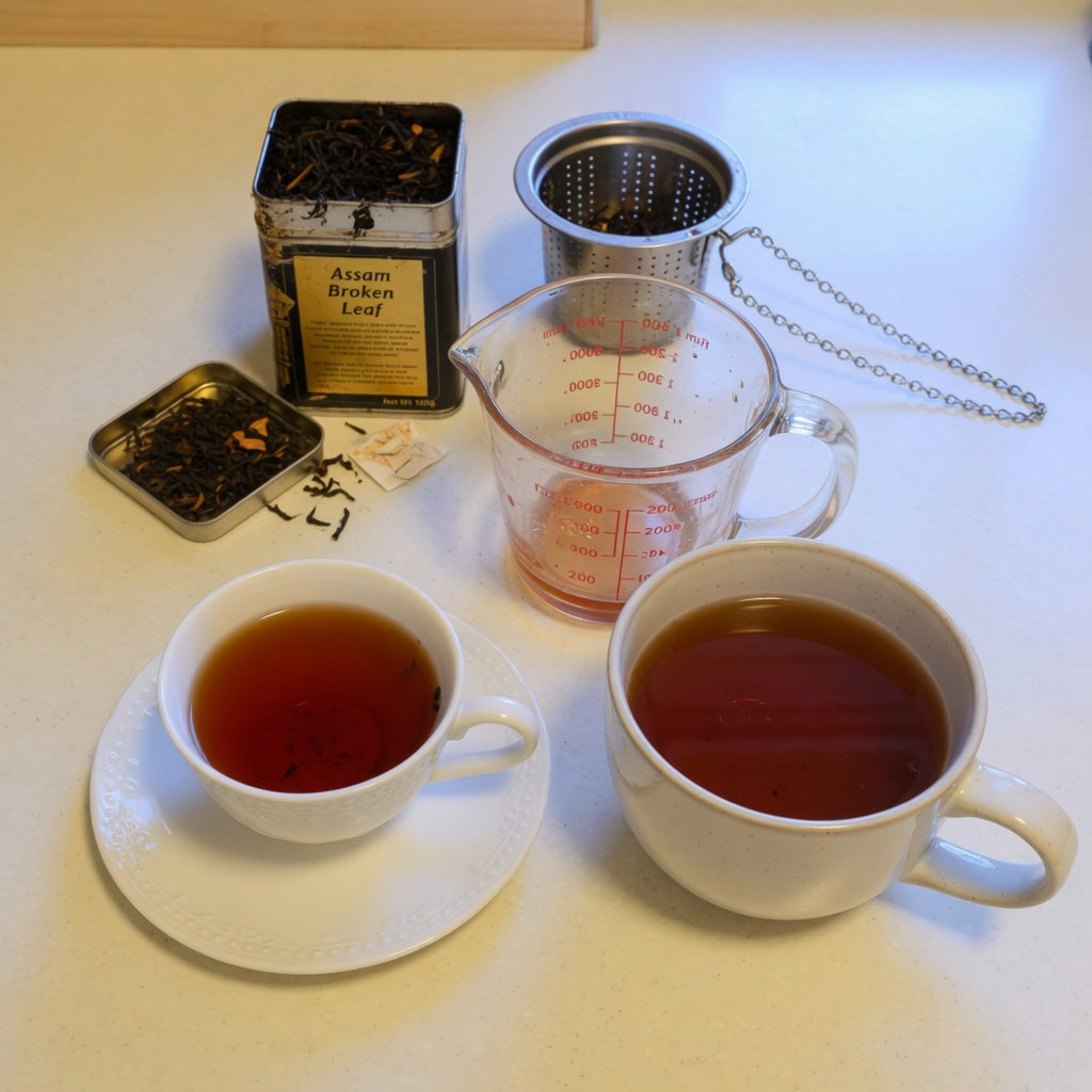 Black tea cup vs mug size comparison: a small 150 ml porcelain teacup on a saucer beside a 400 ml mug with a measuring jug on a kitchen counter