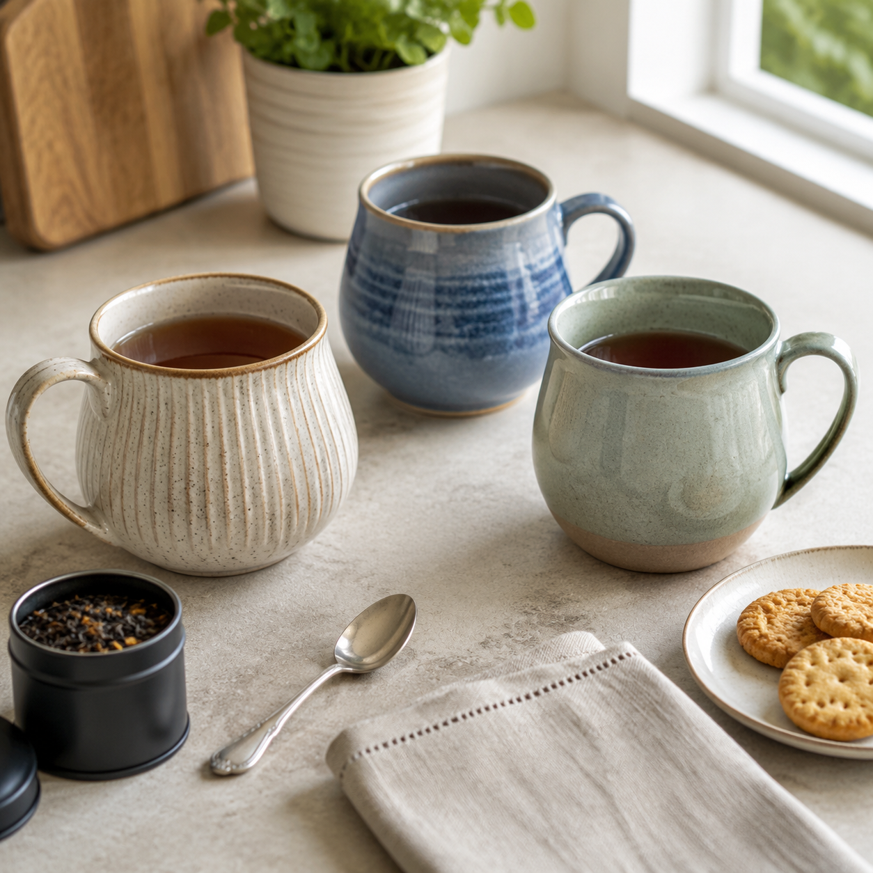 Three ceramic black tea mug options on a kitchen table, shown with visible handles for comparison.