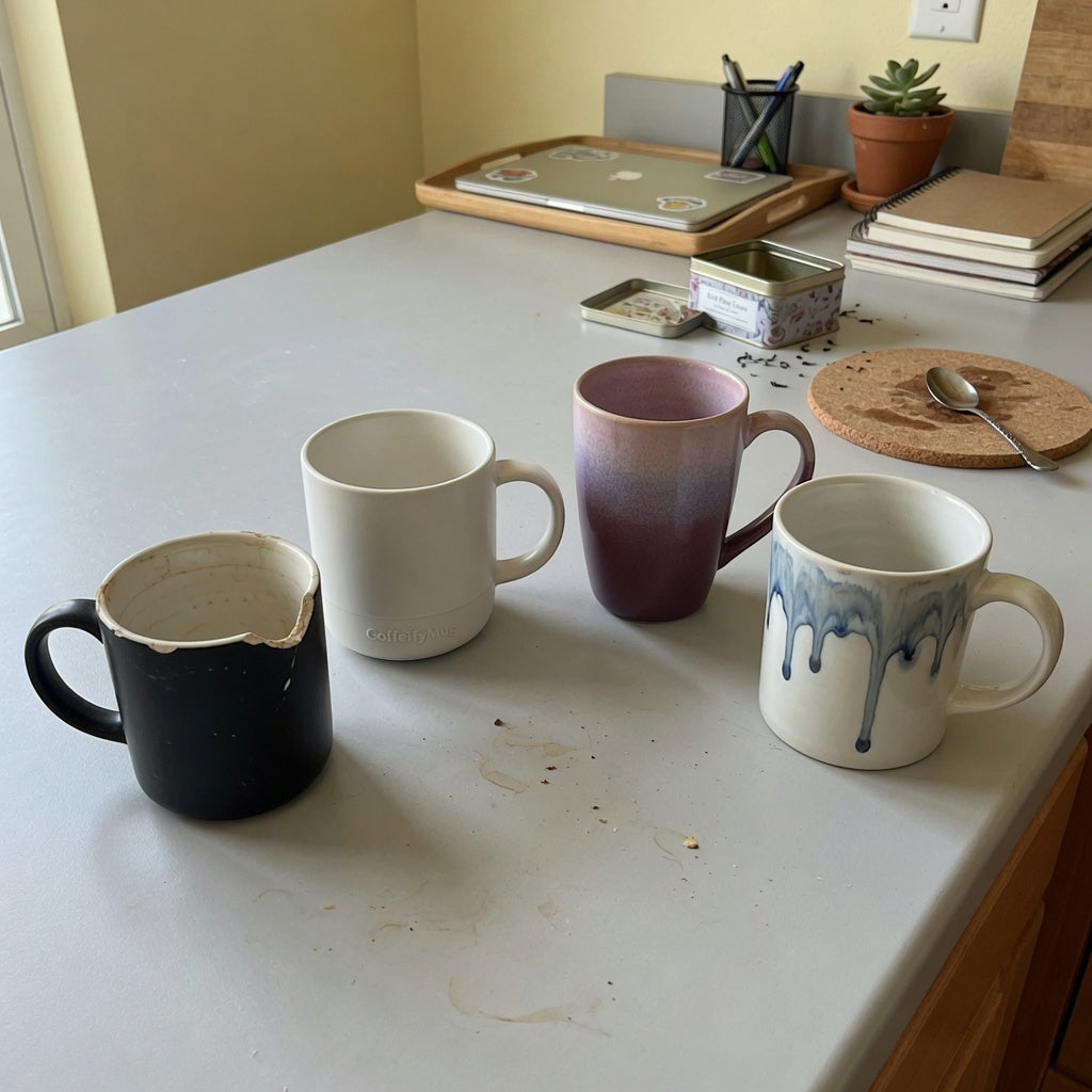 black tea mug replacement purchase product shortlist guide showing Round, Gradient, and The Flow beside a chipped old mug