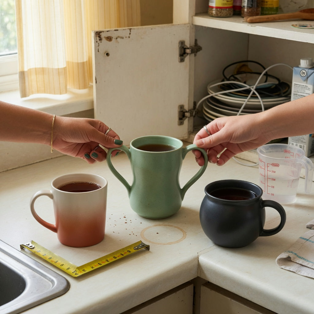 Black tea mug shared household practical purchase checklist comparing three mugs by capacity, handle shape, and kitchen fit