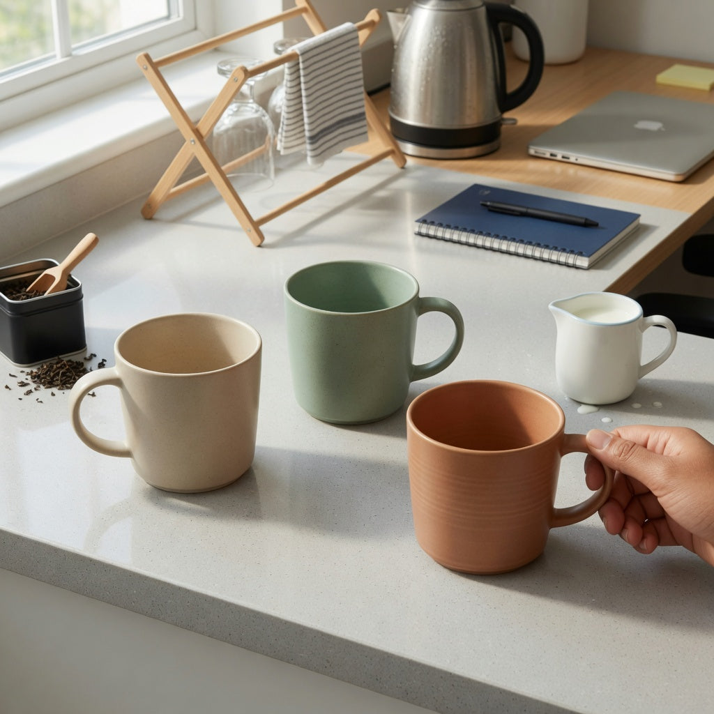 black tea mug shared household product shortlist guide showing the 390 ml Round, 400 ml The Gradient, and 400 ml The Flow on a shared kitchen counter