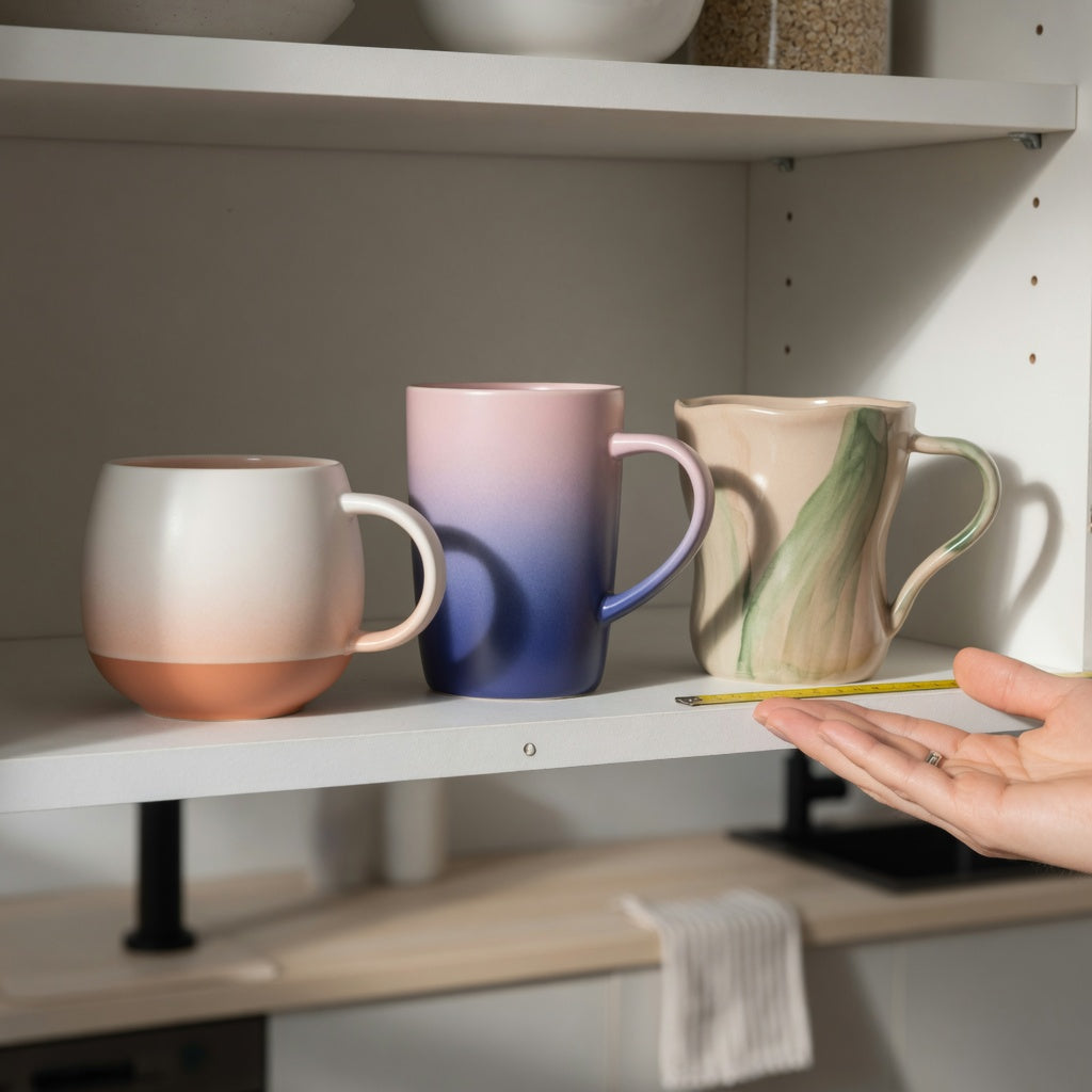 Black tea mug storage fit guide showing Round, Gradient, and The Flow mugs arranged on a kitchen cabinet shelf