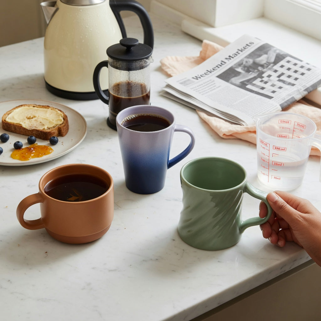 Black tea mug weekend coffee practical purchase checklist with Round, Gradient, and Flow mugs beside a measured weekend pour