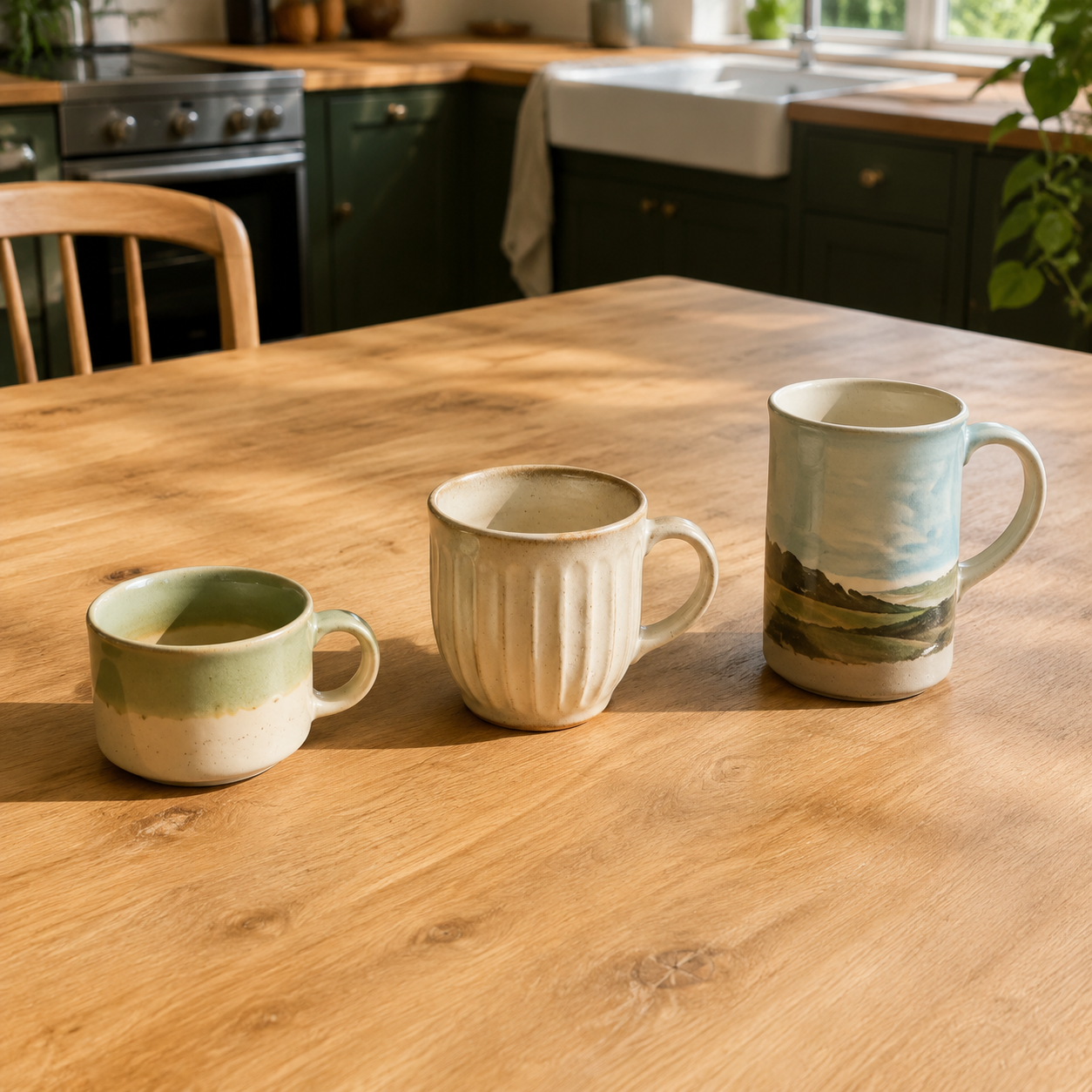 Three CoffeifyMug breakfast coffee cup options arranged on a kitchen table to compare compact, medium, and tall profiles.