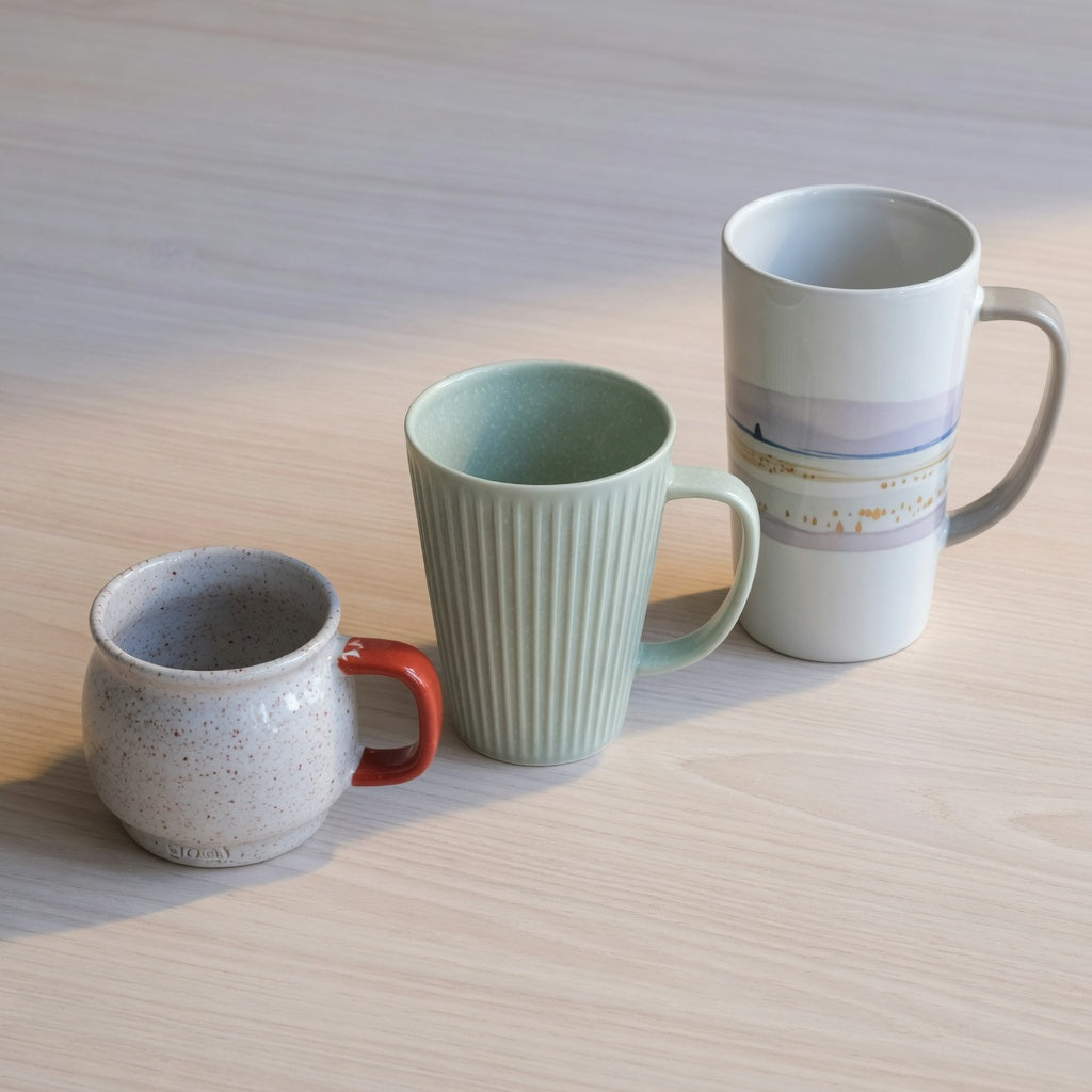 Comparison image for breakfast coffee cup current product facts showing Retro 170 ml, Pleated 200 ml, and Landscape Tall 350 ml options
