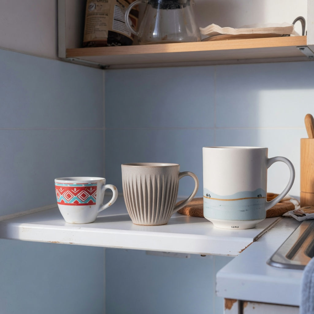 Breakfast coffee cup home coffee station product shortlist guide with 170 ml, 200 ml, and 350 ml cups on a compact counter
