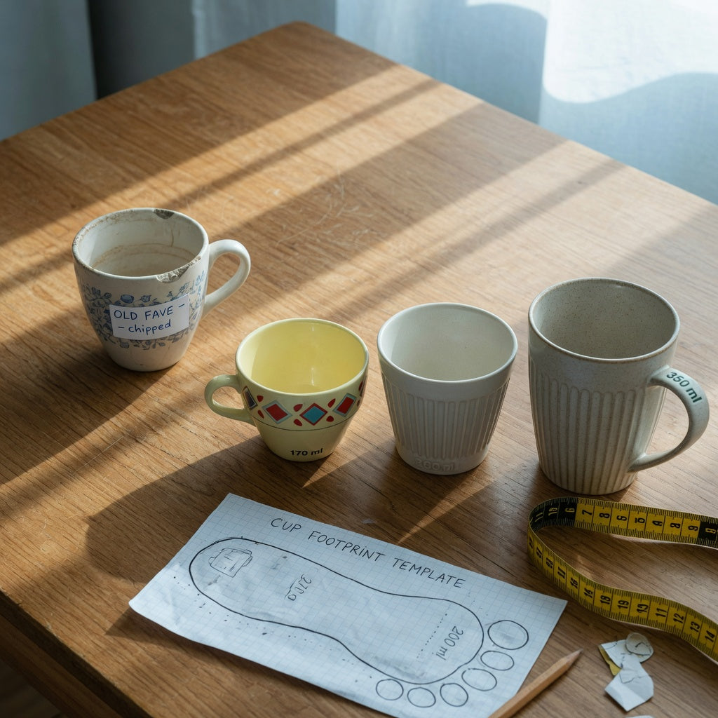 Three replacement cup shapes beside a worn cup for a breakfast coffee cup replacement purchase product shortlist guide