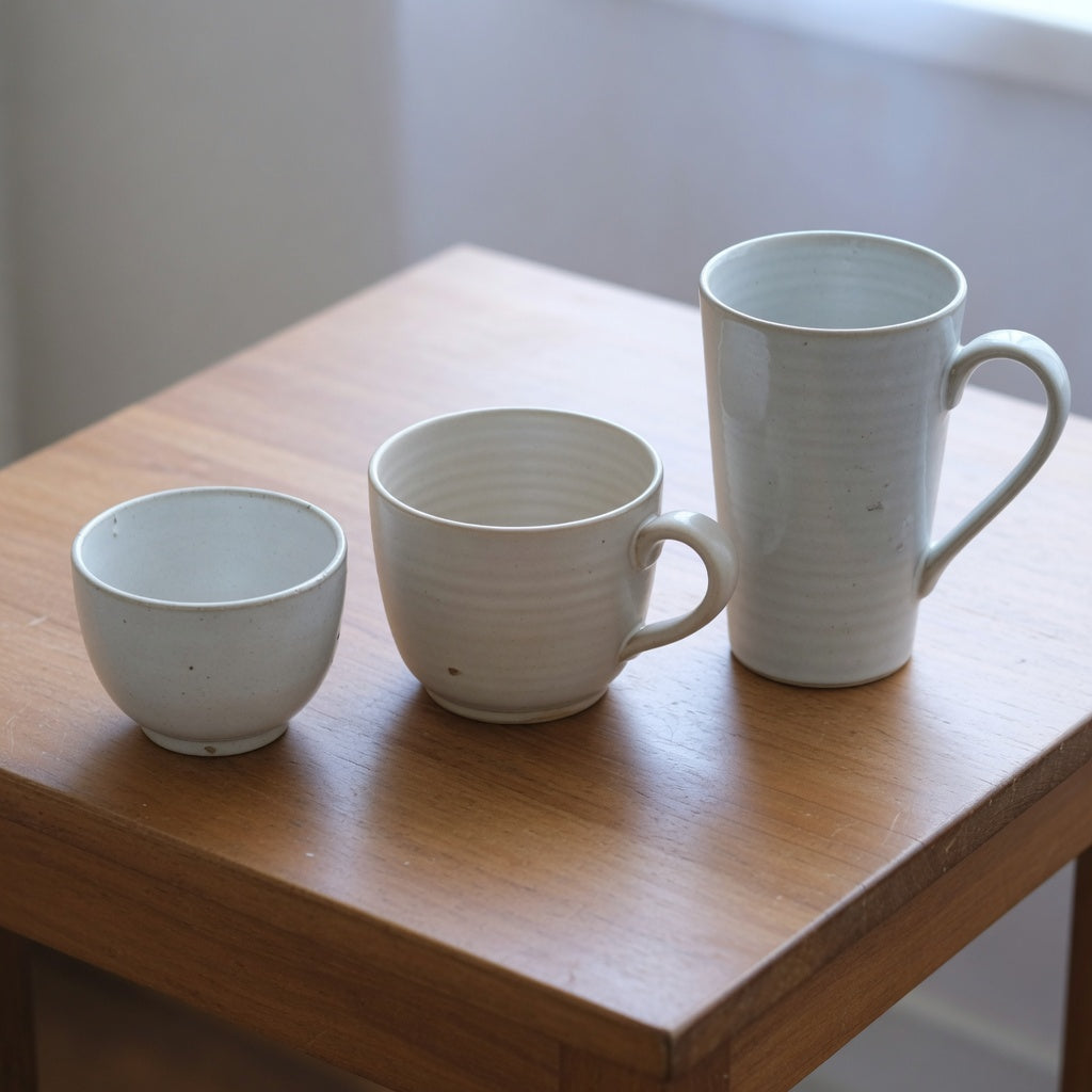 Side-by-side breakfast cup vs coffee cup vs mug comparison showing 170 ml, 200 ml, and 350 ml vessel sizes