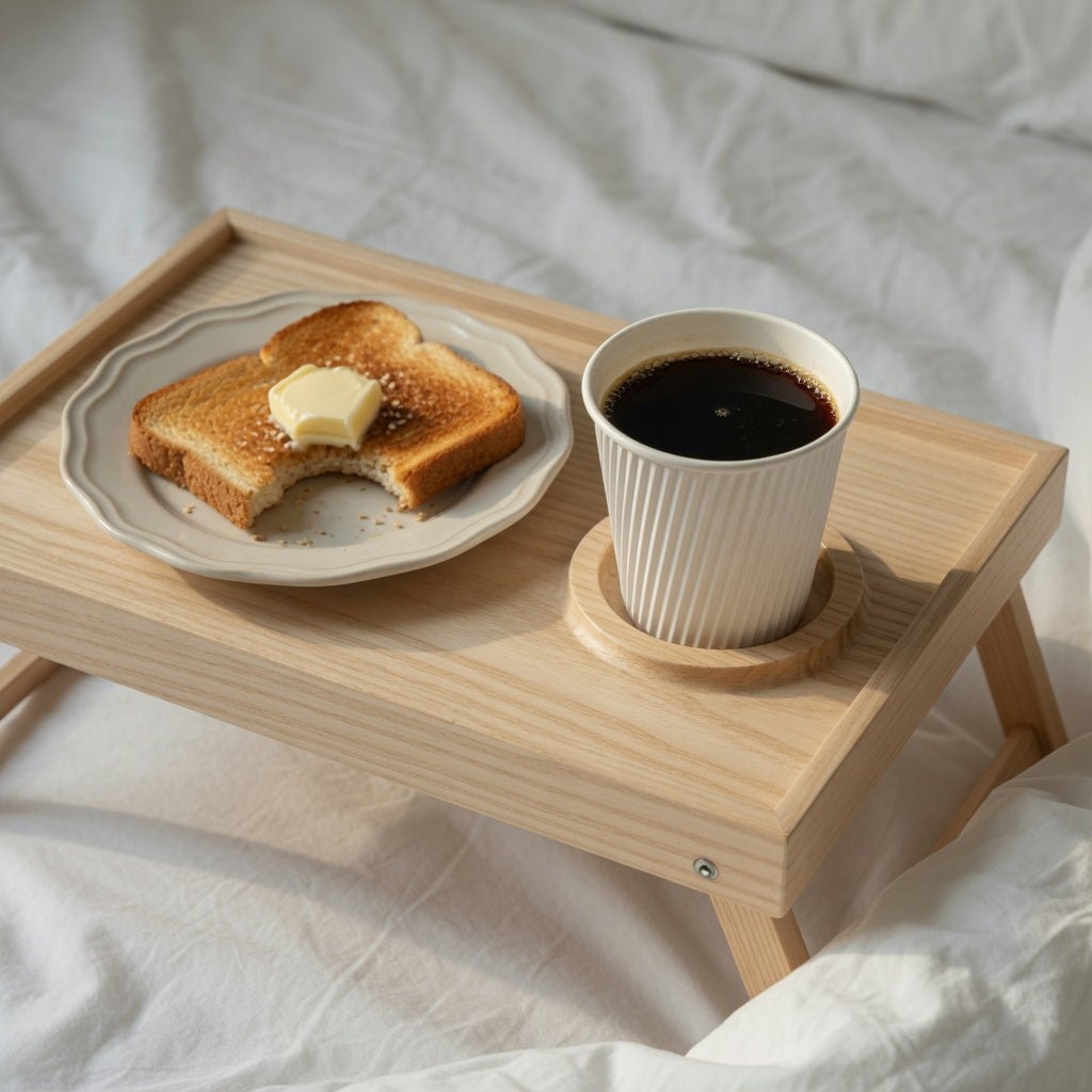 Breakfast tray with coffee cup seated in a recessed well on a legged wooden bed tray