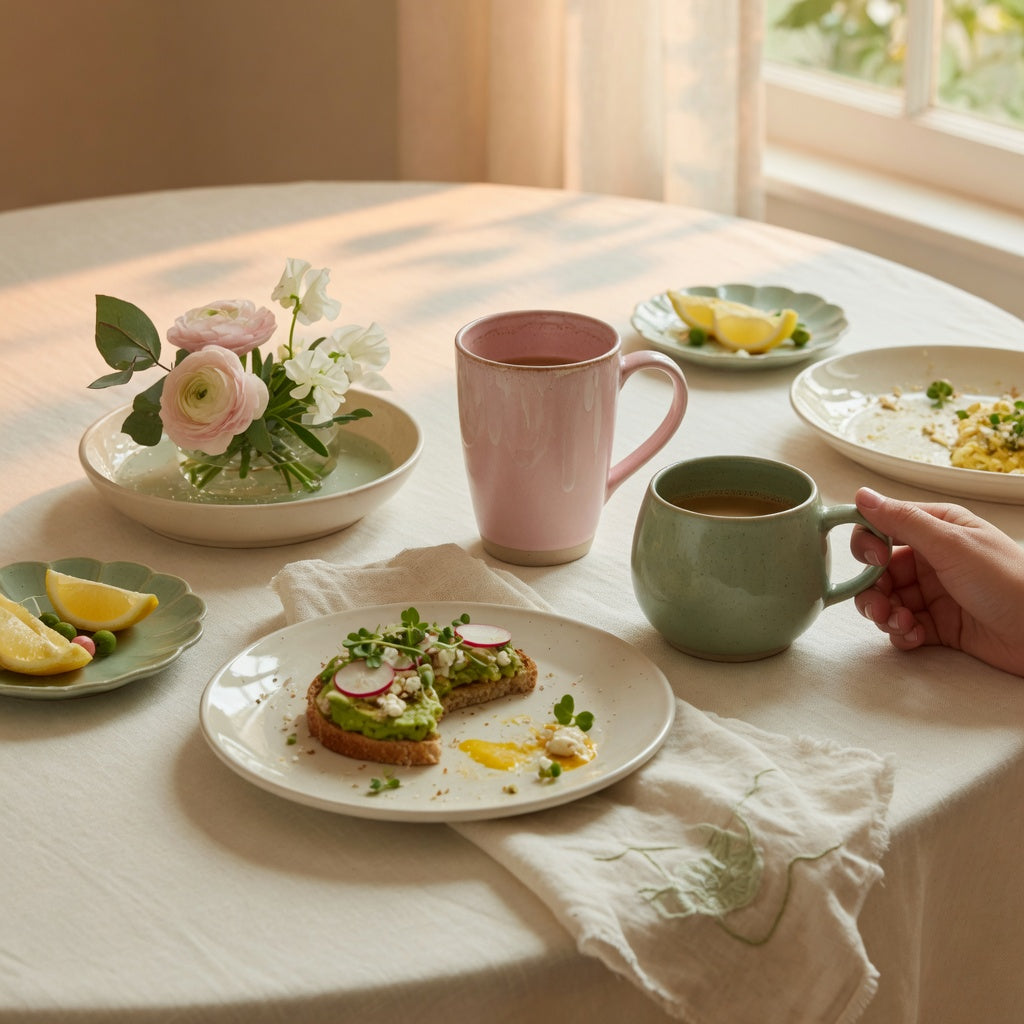 Round and tall brunch ceramic mug options compared beside plates and low flowers