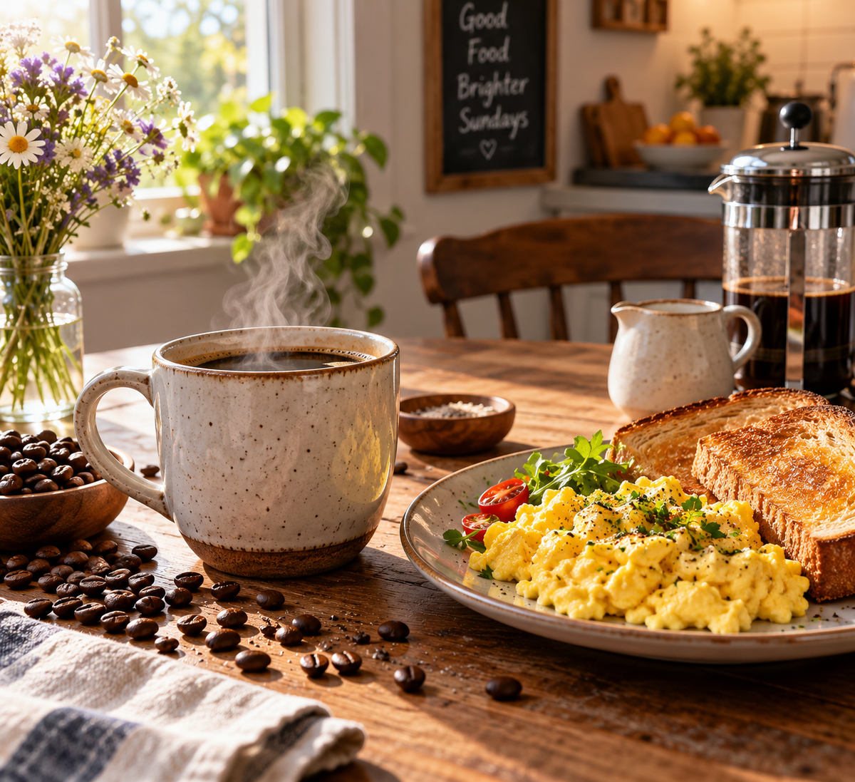 brunch coffee mug gift on a table with eggs and coffee for weekend morning
