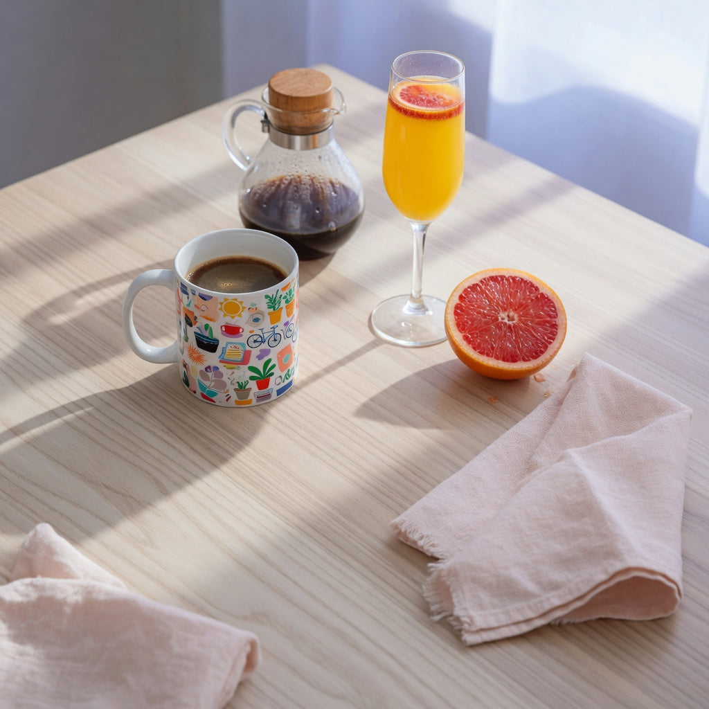 Ceramic brunch coffee mug with a wraparound print on a sunny brunch table beside orange juice and pastries