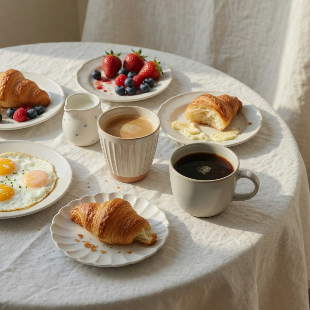 A brunch table coffee mug of black coffee beside eggs, berries, and a croissant on linen