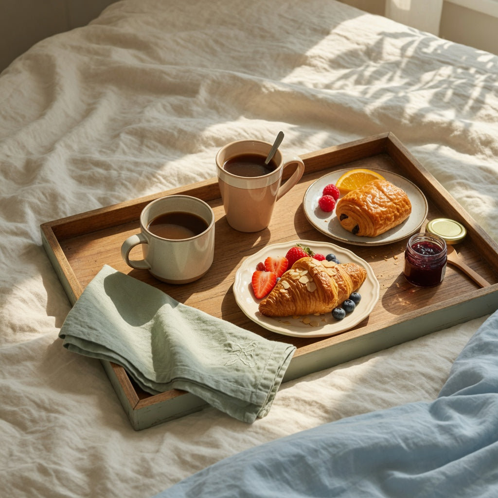 Brunch tray with coffee mugs holding two ceramic cups, plates, and pastry on a bed