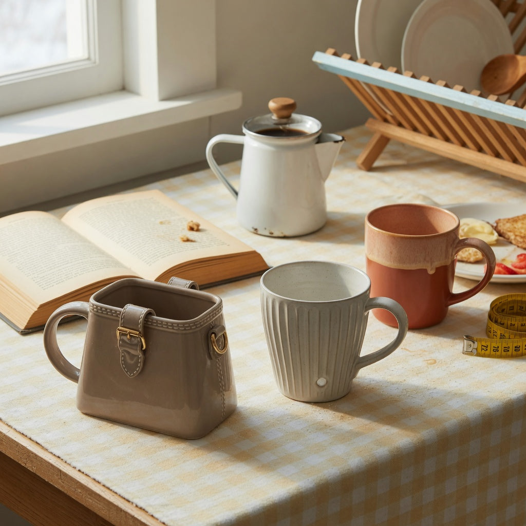 cute ceramic coffee mugs weekend coffee practical purchase checklist with three ceramic styles on a Saturday kitchen table