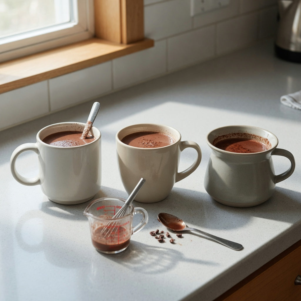 Cacao cup gift choice product shortlist guide showing Ball Handle, Round, and Spittoon mug options beside cacao on a kitchen counter