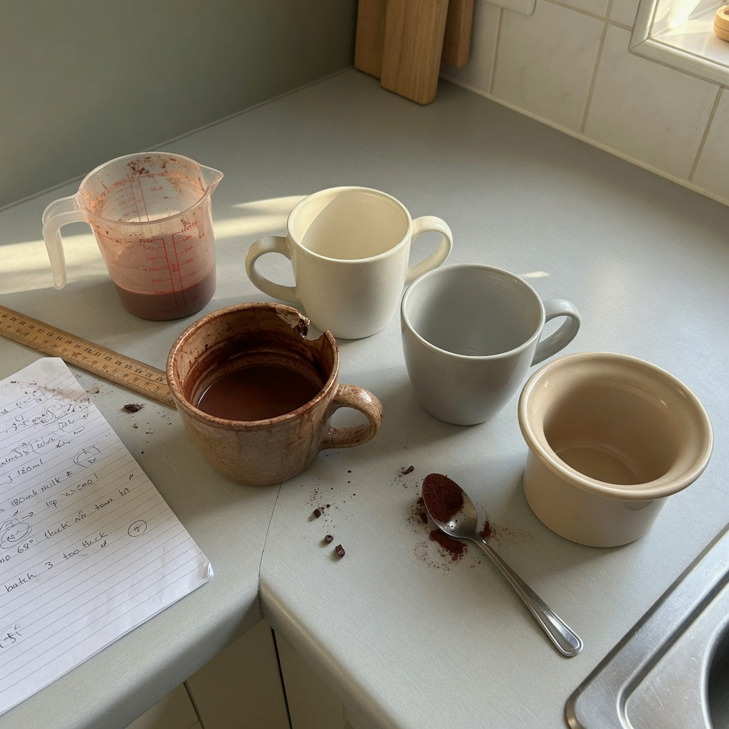 Cacao cup replacement purchase practical purchase checklist comparing 250 ml, 390 ml, and 400 ml mug options beside a measuring jug